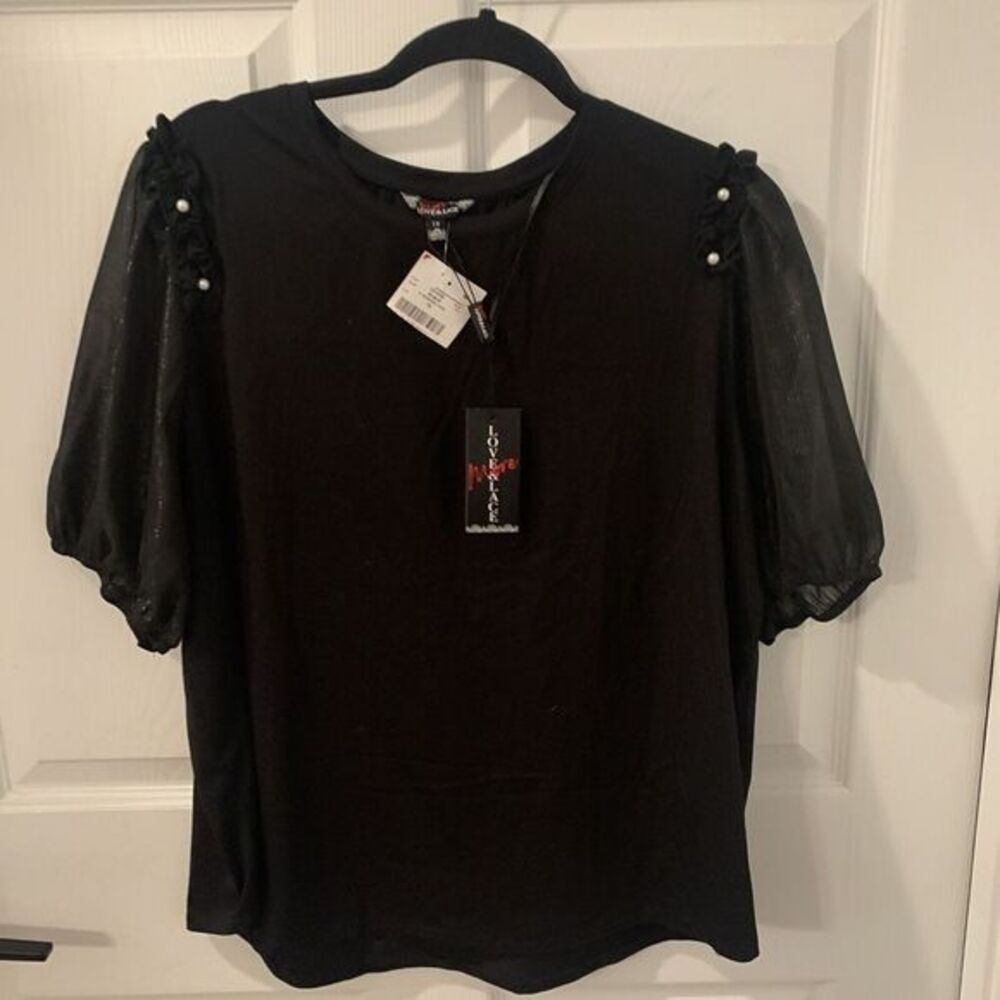 Love & Lace black Size 1X Puff Sleeve Pearl Ruffle‎ metallic Gauze dark fairy